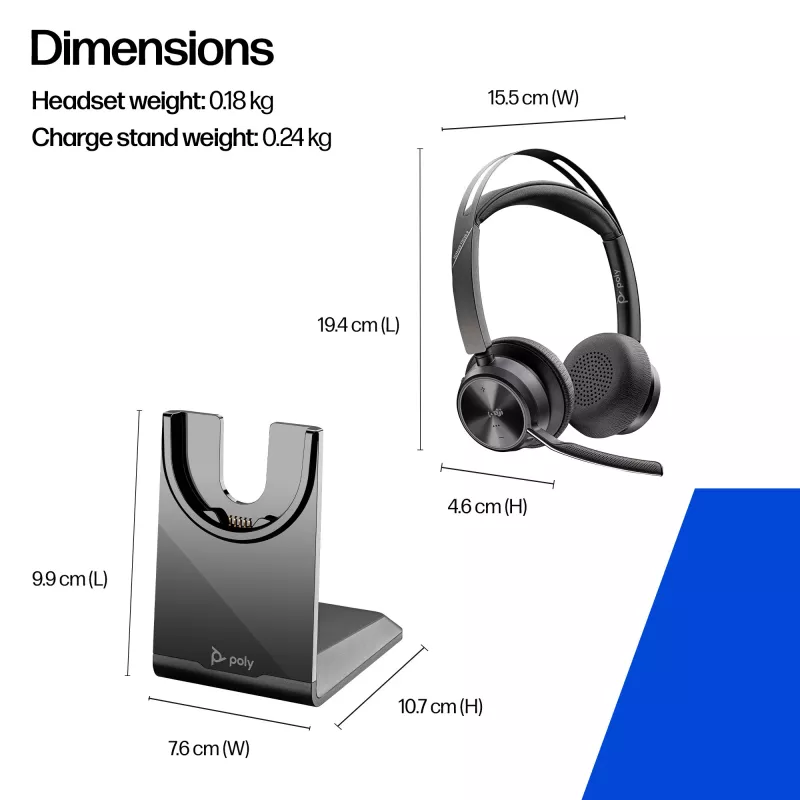 Ausinės HP Poly Voyager Focus 2-M USB-C-C su USB-C/A adapteriu, įkrovimo stovu ir Poly+ 3 metų garantija