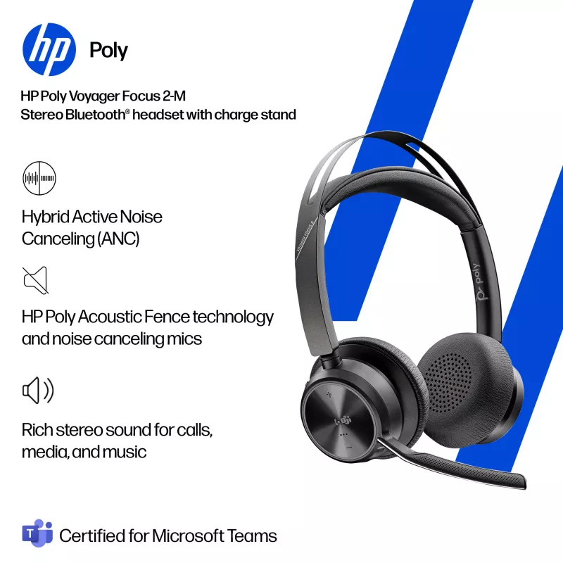 Ausinės HP Poly Voyager Focus 2-M USB-C-C su USB-C/A adapteriu, įkrovimo stovu ir Poly+ 3 metų garantija