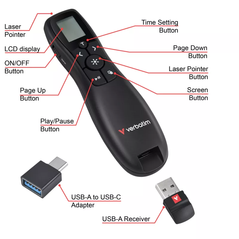 Verbatim Keynote belaidis pristatymo pultelis su LCD ekranu, RF, USB, 30 m, juodas