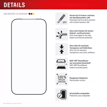 Apsauginis stiklas e.v.i. Displex iPhone 17 Pro Premium su Mount Master — atsparus įbrėžimams, permatomas/juodas
