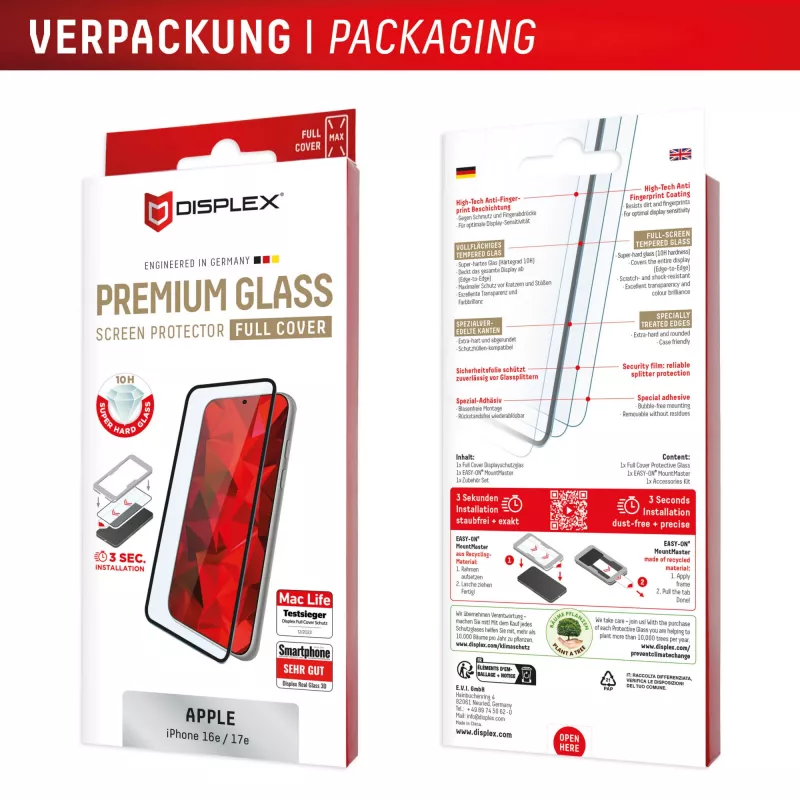 Grūdinto stiklo apsauginis stikliukas e.v.i. Displex Premium (Full Cover, 10H), skirtas Apple iPhone 16e/17e