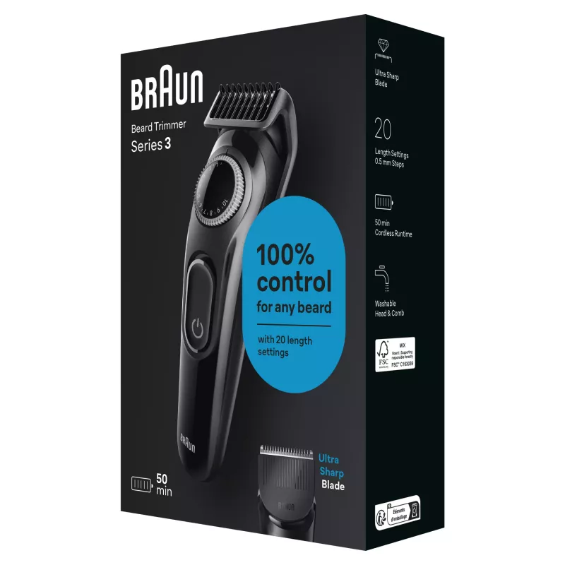 Braun BeardTrimmer 3 BT3400 barzdaskutė, plaunama, akumuliatorinė, juoda