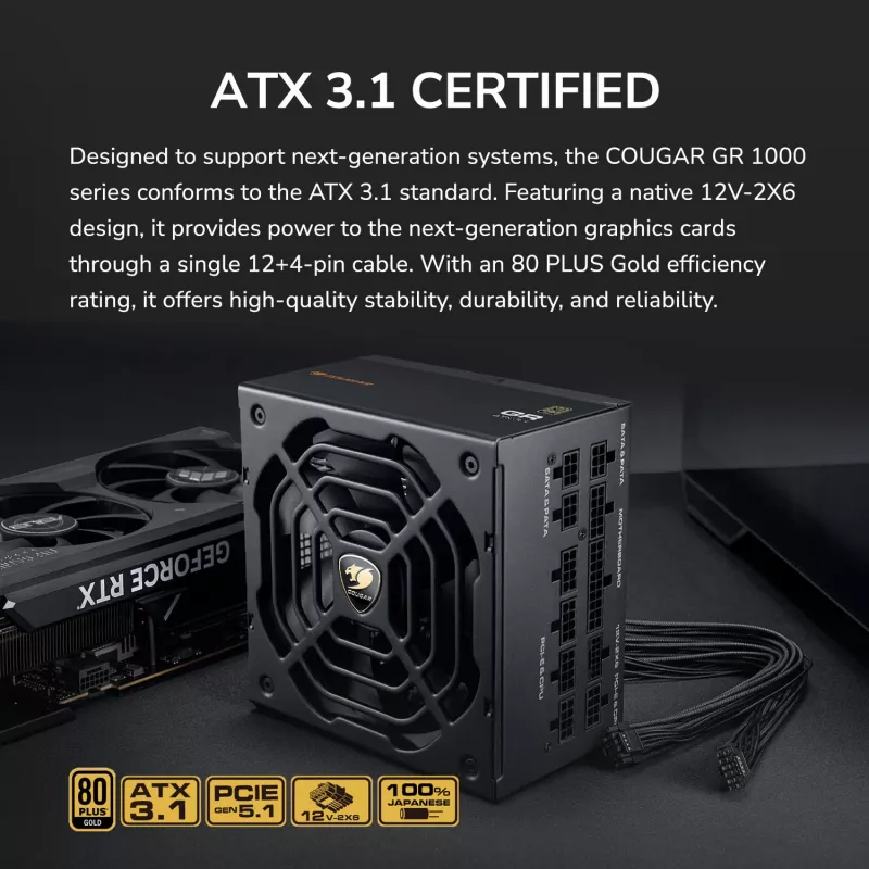 Maitinimo šaltinis COUGAR GR 1000W ATX3.1 PCIE 5.1 80 PLUS Gold, 1000 W, 20+4 pin ATX, 120 mm ventiliatorius