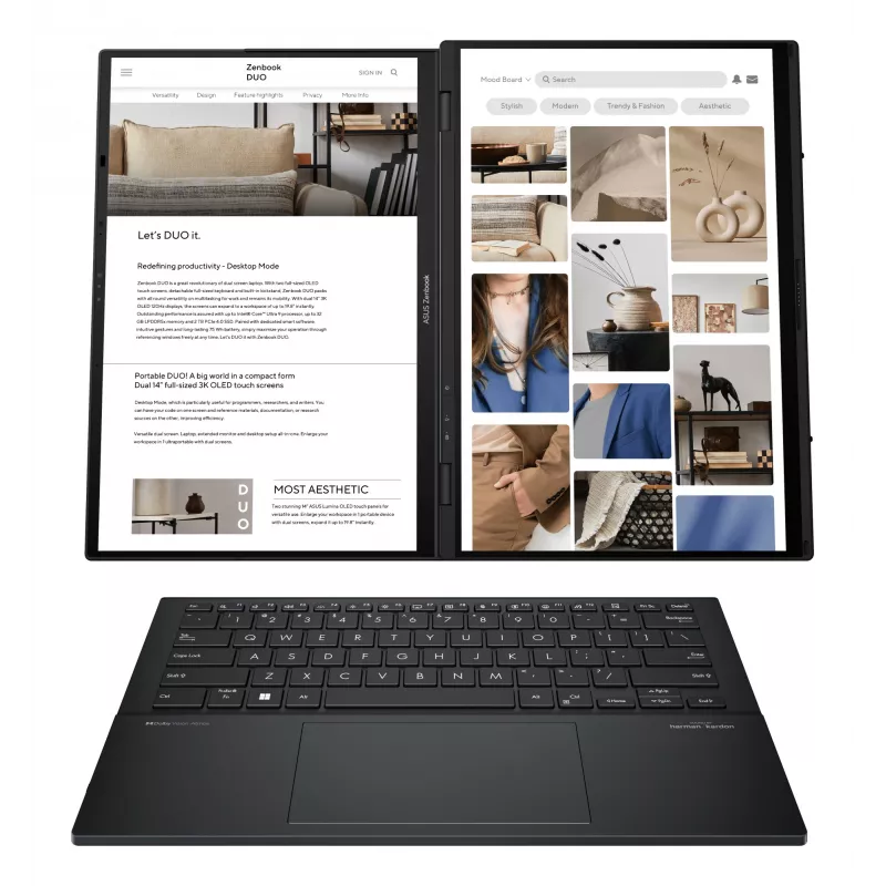 Nešiojamas kompiuteris ASUS Zenbook Duo UX8406MA-QL308X Intel Core Ultra 7 155H Hibridinis (2-in-1) 35,6 cm (14 colių) Liečiamas ekranas WUXGA 16 GB LPDDR5x-SDRAM 1 TB SSD Wi-Fi 6E (802.11ax) Windows 11 Pro Pilka