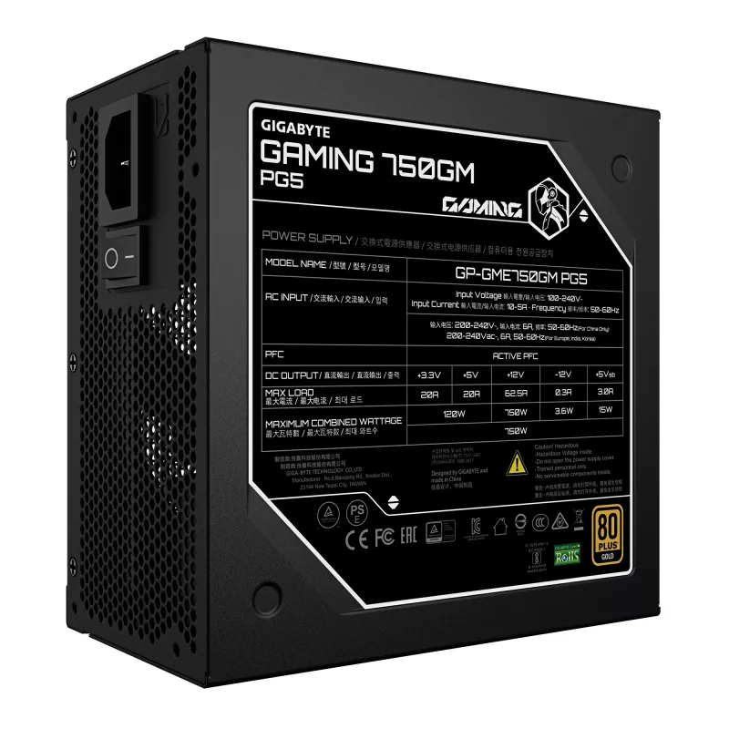 GIGABYTE GAMING 750GM PG5 maitinimo blokas – PCIe 5.1, 80 PLUS Gold, pilnai modulinis, 135 mm ventiliatorius, ATX 3.1, EU kištukas