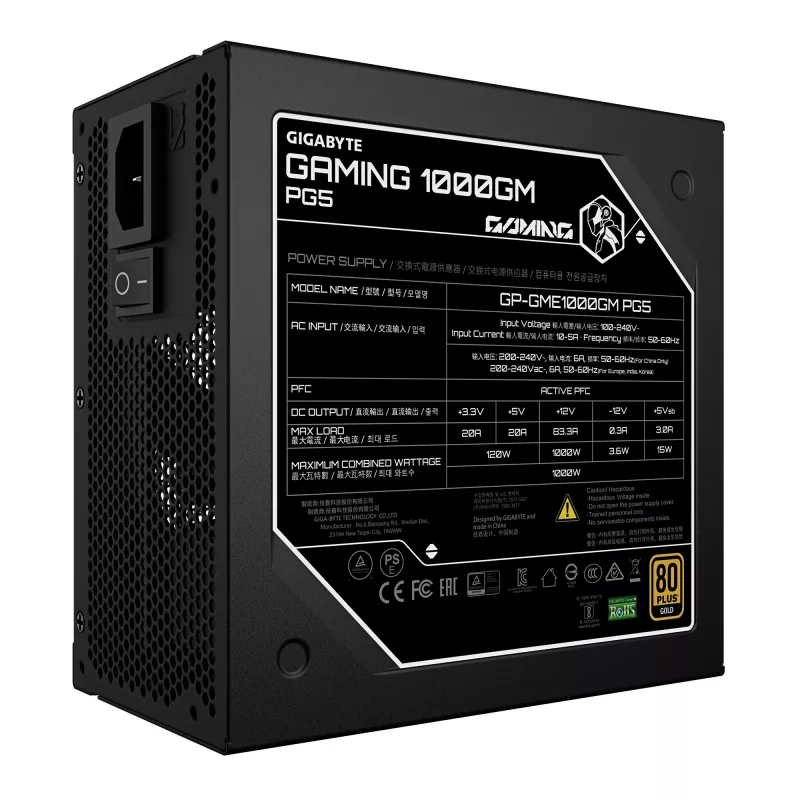 GIGABYTE GAMING 1000GM PG5 maitinimo blokas – PCIe 5.1, 80 PLUS Gold, pilnai modulinis, 135 mm ventiliatorius, ATX 3.1, EU kištukas