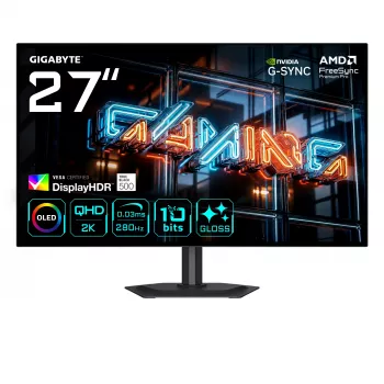 27 colių GIGABYTE MO27Q28GR WOLED QHD žaidimų monitorius – 2560×1440, 280Hz, 0,03ms, 335 cd/m², HDMI 2.1, DisplayPort 1.4