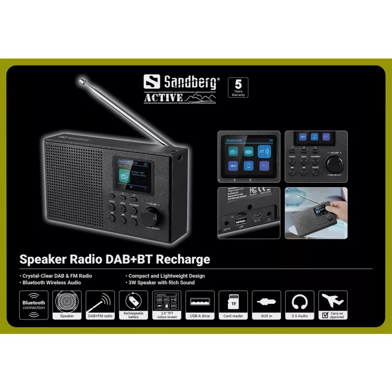 Nešiojamas radijas Sandberg Speaker Radio DAB+BT, analoginis ir skaitmeninis, DAB+, FM, 3 W