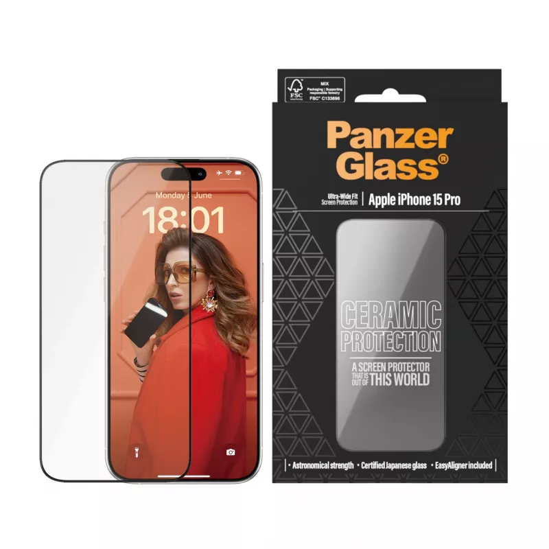 PanzerGlass ® Keraminis ekrano apsauginis stiklas iPhone 15 Pro | Ultra-Wide Fit su EasyAligner