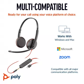 Ausinės HP Poly Blackwire 3225 Stereo USB-C + 3,5 mm kištukas + USB-C/A adapteris (didmeninė pakuotė)
