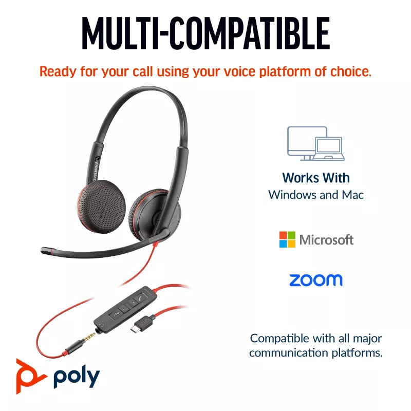 Ausinės HP Poly Blackwire 3225 Stereo USB-C + 3,5 mm kištukas + USB-C/A adapteris (didmeninė pakuotė)