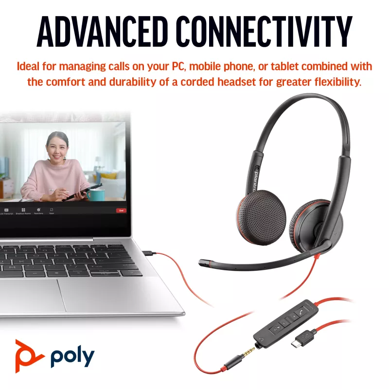 Ausinės HP Poly Blackwire 3225 Stereo USB-C + 3,5 mm kištukas + USB-C/A adapteris (didmeninė pakuotė)