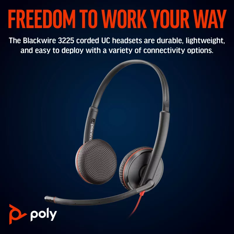 Ausinės HP Poly Blackwire 3225 Stereo USB-C + 3,5 mm kištukas + USB-C/A adapteris (didmeninė pakuotė)