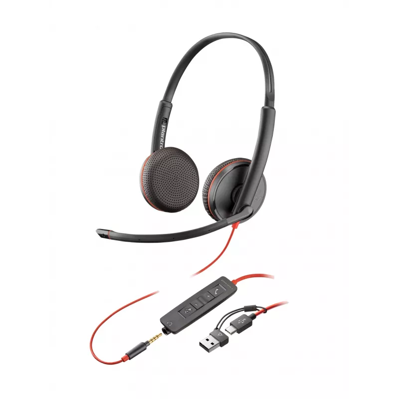Ausinės HP Poly Blackwire 3225 Stereo USB-C + 3,5 mm kištukas + USB-C/A adapteris (didmeninė pakuotė)