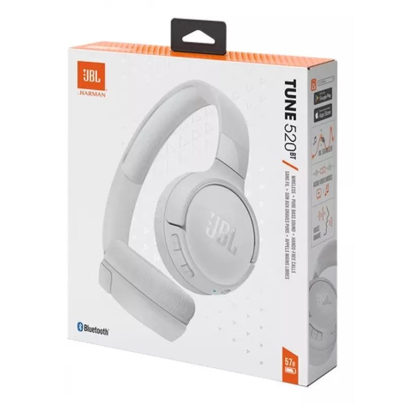 JBL Tune 520BT belaidės ausinės – lankstus garsas su JBL Pure Bass, Bluetooth 5.3, balta