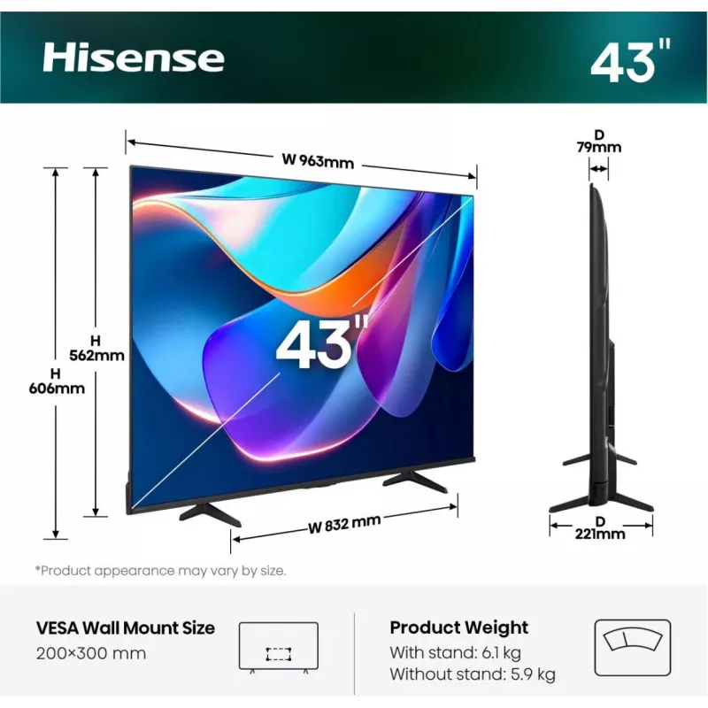 Hisense 43A6S 43 colių 4K Ultra HD QLED išmanusis televizorius (3840x2160) Direct-LED Wi-Fi juodas