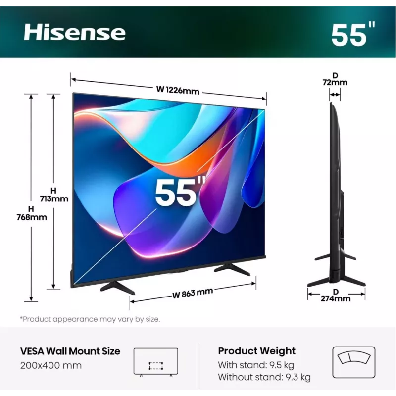 Televizorius Hisense 55A6S 55 colių (139,7 cm) QLED 4K Ultra HD Smart TV su DVB-T2/C/S2, Wi‑Fi, Direct‑LED – Juodas