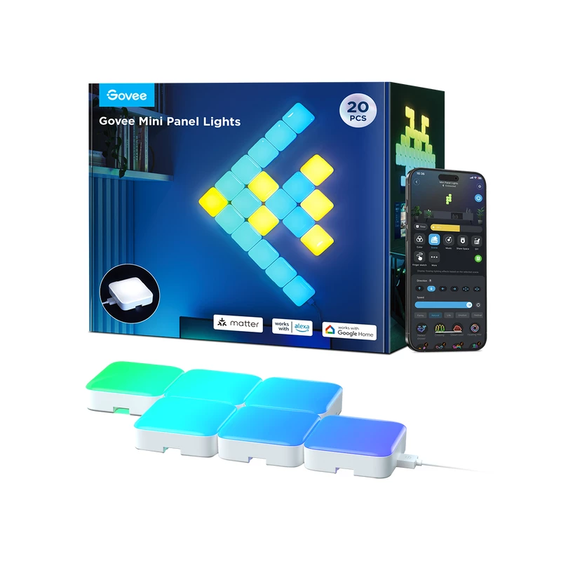 Govee Mini LED sieninis šviestuvų skydelis – Wi‑Fi ir Bluetooth, baltas, įėjimas 36 V