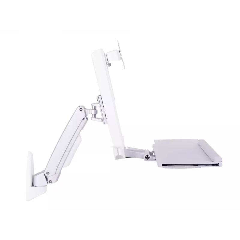 Darbinė ranka MULTIBRACKETS M Workstation Arm Single – vieno monitoriaus stovas, 15–27 colių, iki 11,5 kg, aukščio reguliavimas 0–124 mm, klaviatūros lentyna 449×207 mm, balta