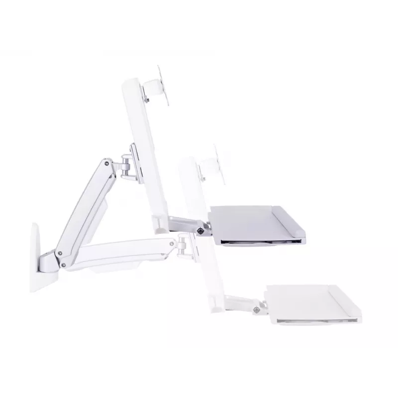 Darbinė ranka MULTIBRACKETS M Workstation Arm Single – vieno monitoriaus stovas, 15–27 colių, iki 11,5 kg, aukščio reguliavimas 0–124 mm, klaviatūros lentyna 449×207 mm, balta