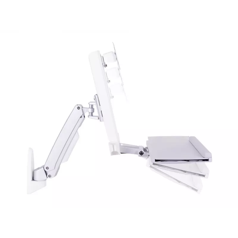 Darbinė ranka MULTIBRACKETS M Workstation Arm Single – vieno monitoriaus stovas, 15–27 colių, iki 11,5 kg, aukščio reguliavimas 0–124 mm, klaviatūros lentyna 449×207 mm, balta