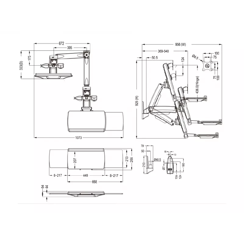 Darbinė ranka MULTIBRACKETS M Workstation Arm Single – vieno monitoriaus stovas, 15–27 colių, iki 11,5 kg, aukščio reguliavimas 0–124 mm, klaviatūros lentyna 449×207 mm, balta