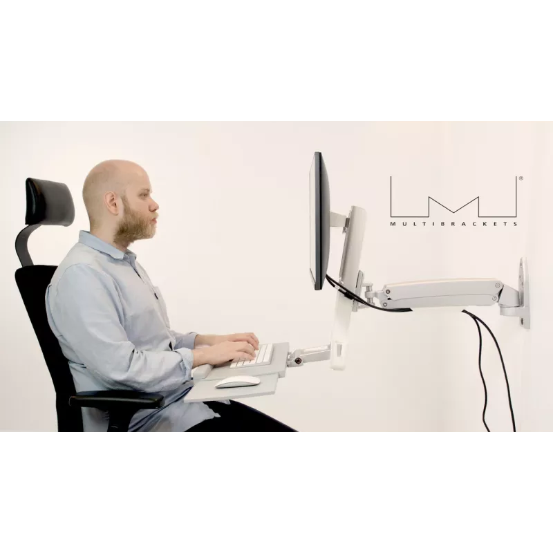 Darbinė ranka MULTIBRACKETS M Workstation Arm Single – vieno monitoriaus stovas, 15–27 colių, iki 11,5 kg, aukščio reguliavimas 0–124 mm, klaviatūros lentyna 449×207 mm, balta