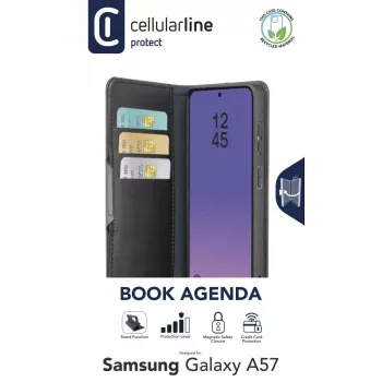 Cellularline Book Agenda 2 dėklas Galaxy A57 – knygos stiliaus dirbtinės odos dėklas su magnetiniu užraktu, stovo funkcija ir RFID/NFC apsauga