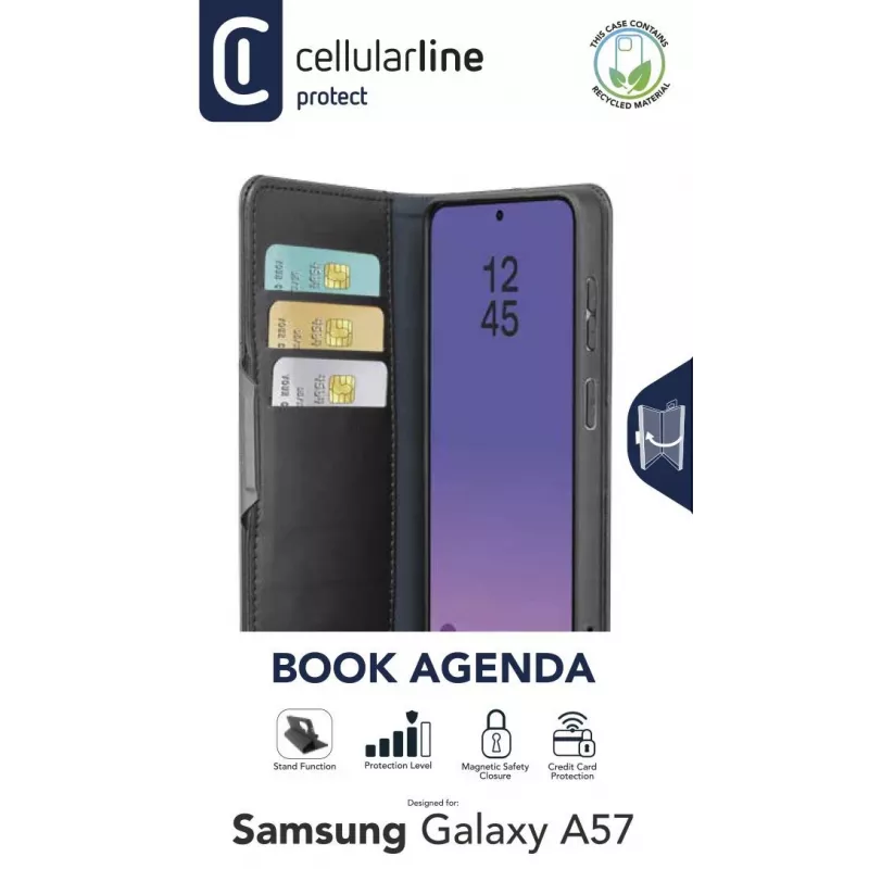 Cellularline Book Agenda 2 dėklas Galaxy A57 – knygos stiliaus dirbtinės odos dėklas su magnetiniu užraktu, stovo funkcija ir RFID/NFC apsauga