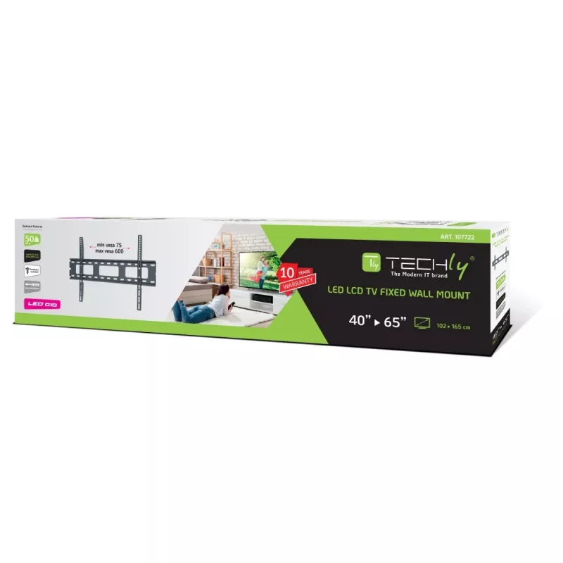 Techly sieninis laikiklis itin plokščiam LED LCD televizoriui 40-65 col., 101,6-165,1 cm, VESA 100x100-600x400 mm, metalinis, juodas