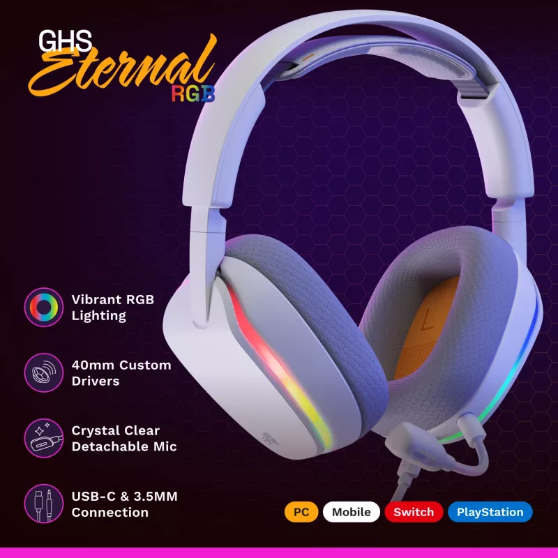 Glorious Gaming GHS Eternal RGB – Stereo RGB žaidimų ausinės, PC, PS5, PS4, Switch, baltos