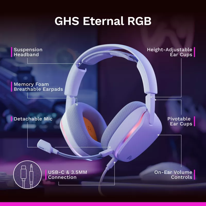 Glorious Gaming GHS Eternal RGB – Stereo RGB žaidimų ausinės, PC, PS5, PS4, Switch, baltos