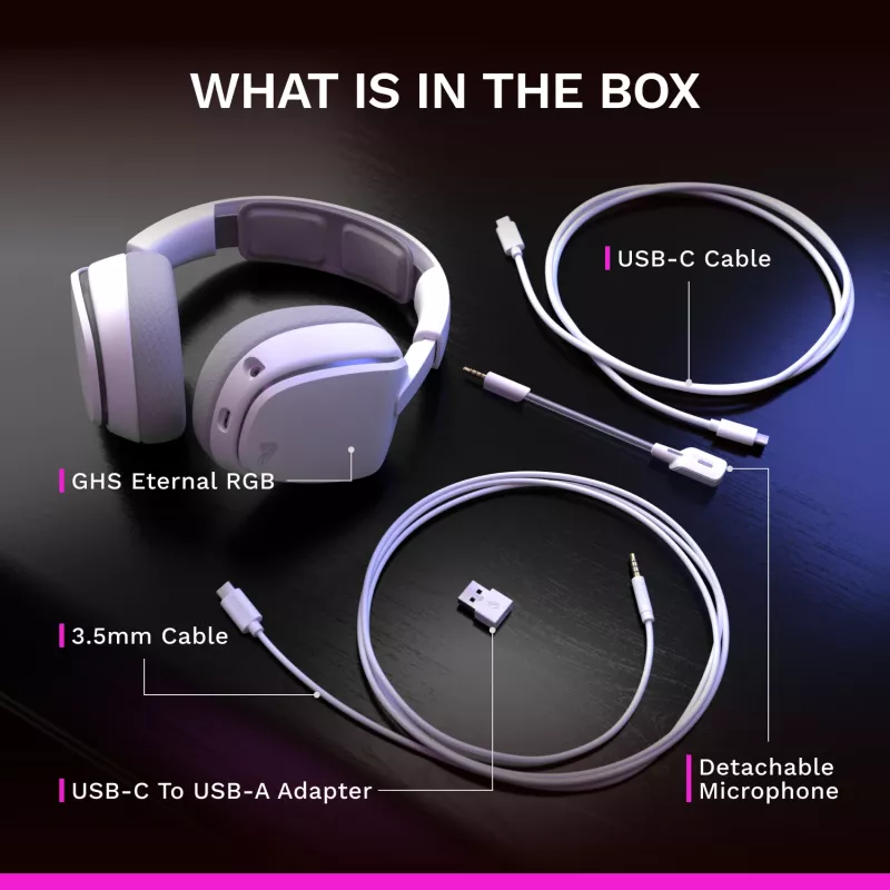 Glorious Gaming GHS Eternal RGB – Stereo RGB žaidimų ausinės, PC, PS5, PS4, Switch, baltos
