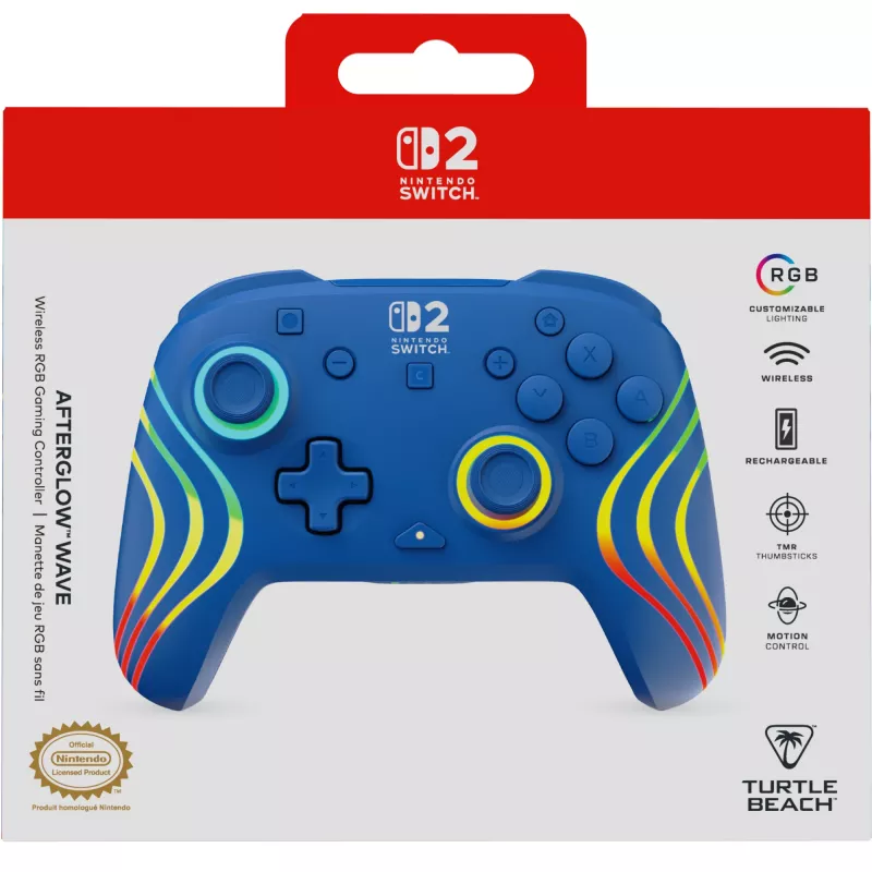 Belaidis ir laidinis žaidimų pultas Turtle Beach Afterglow Wave Blue, skirtas Nintendo Switch 2 – Bluetooth/USB-C, RGB, įmontuota 20 h baterija, 3 m laidas