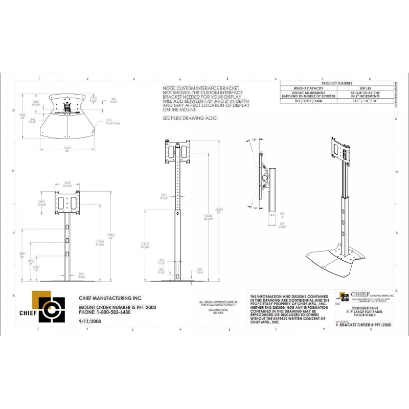 Grindinis stovas monitoriui Chief PF1UB 190,5 cm (75 col.) juodas