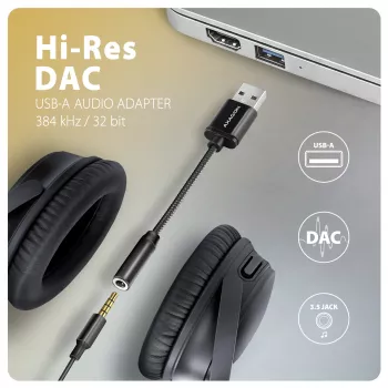Axagon ADA-HA USB-A į 3,5 mm lizdą Hi-Res garso DAC adapteris, 384kHz/32bit, Stereo