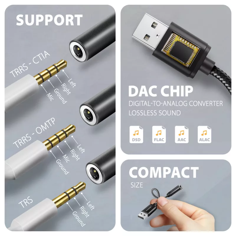 Axagon ADA-HA USB-A į 3,5 mm lizdą Hi-Res garso DAC adapteris, 384kHz/32bit, Stereo