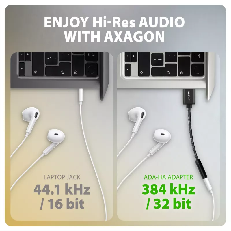 Axagon ADA-HA USB-A į 3,5 mm lizdą Hi-Res garso DAC adapteris, 384kHz/32bit, Stereo