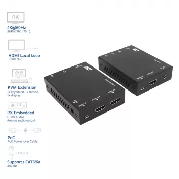 ACT 4K HDMI 2.0 KVM prailgintuvas per CAT6A iki 70 metrų
