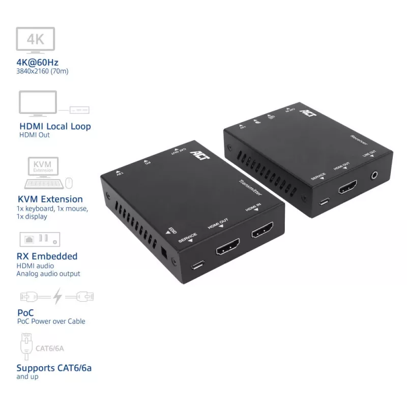 ACT 4K HDMI 2.0 KVM prailgintuvas per CAT6A iki 70 metrų