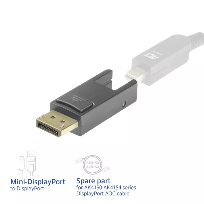 ACT keitiklis Mini DisplayPort į DisplayPort, skirtas aktyviems optiniams DisplayPort kabeliams su nuimama jungtimi