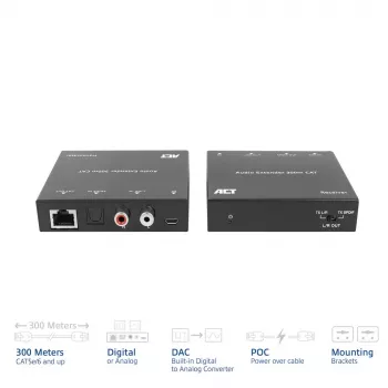 Garsinio signalo praplėtimo rinkinys ACT AC7710 – skaitmeninis/analoginis per Cat5e/Cat6 su DAC, TOSLINK I/O, iki 300 m, maitinamas per USB 5V