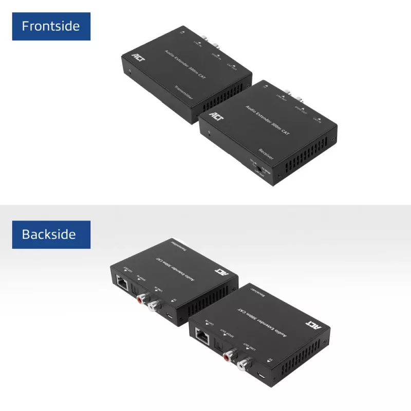 Garsinio signalo praplėtimo rinkinys ACT AC7710 – skaitmeninis/analoginis per Cat5e/Cat6 su DAC, TOSLINK I/O, iki 300 m, maitinamas per USB 5V
