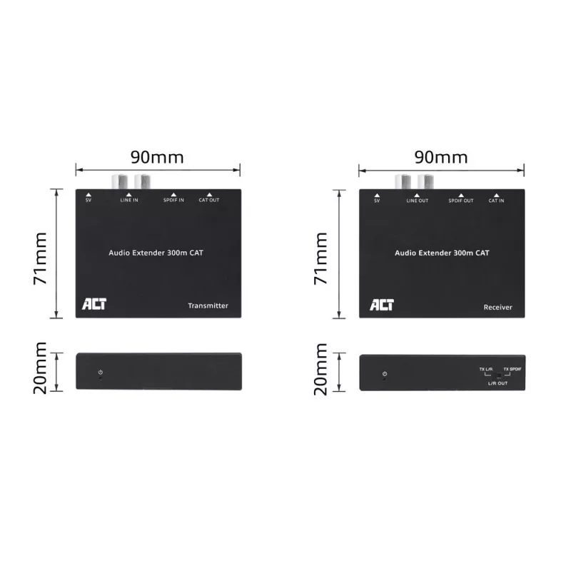 Garsinio signalo praplėtimo rinkinys ACT AC7710 – skaitmeninis/analoginis per Cat5e/Cat6 su DAC, TOSLINK I/O, iki 300 m, maitinamas per USB 5V