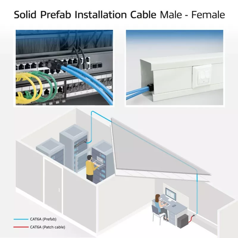 ACT Blue 20 metrų S/FTP CAT6A B2ca PoE++ 100W vientisas paruoštas montavimo kabelis, RJ45 vyriškas – moteriškas