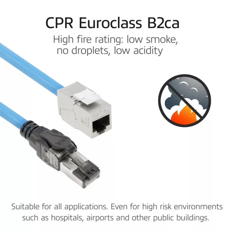 ACT Blue 25 m S/FTP CAT6A B2ca PoE++ 100W vientisas montažinis kabelis, RJ45 kištukas – lizdas