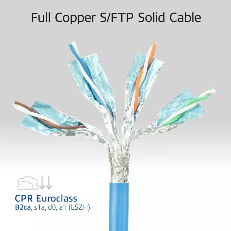 ACT Blue 25 m S/FTP CAT6A B2ca PoE++ 100W vientisas montažinis kabelis, RJ45 kištukas – lizdas