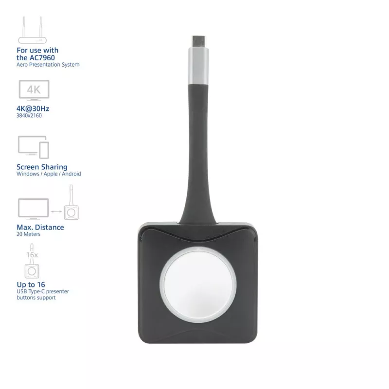ACT Aero 4K Presenter Button, mygtuko rinkinys, juoda, 1 vnt., 3840 x 2160, Aero 4K belaidė pristatymo sistema, 0 - 40 °C