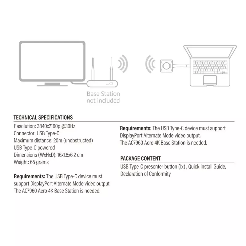 ACT Aero 4K Presenter Button, mygtuko rinkinys, juoda, 1 vnt., 3840 x 2160, Aero 4K belaidė pristatymo sistema, 0 - 40 °C