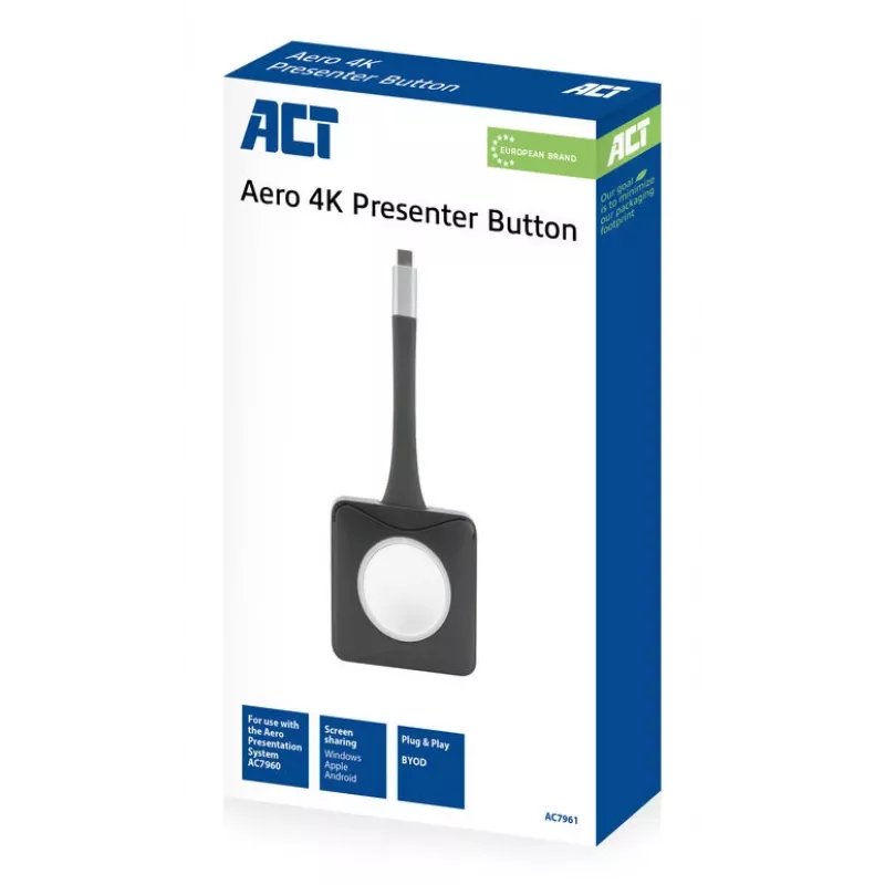 ACT Aero 4K Presenter Button, mygtuko rinkinys, juoda, 1 vnt., 3840 x 2160, Aero 4K belaidė pristatymo sistema, 0 - 40 °C